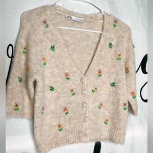 zara oatmeal beaded flower button up cardigan